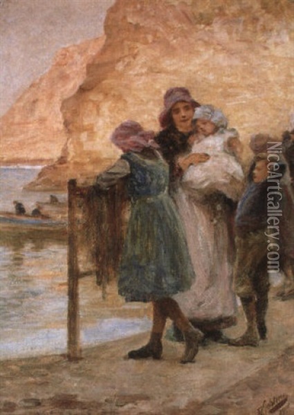 Women And Children At Staithes Oil Painting - Robert Jobling