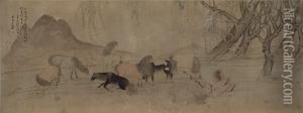 Horses Under Willow Oil Painting - Zhang Shibao