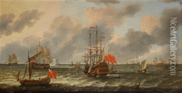 A Smack-rigged Royal Yacht, An English Two Decker And The English Fleet At Anchor, With A Man O' War Firing A Salute Oil Painting - Isaac Sailmaker