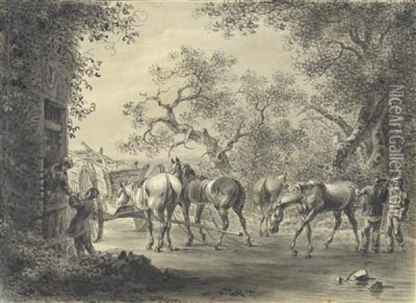 Pferde An Einem Heuwagen Vor Einem Haus In Einer Landschaft Oil Painting - Wilhelm Alexander W. Von Kobell