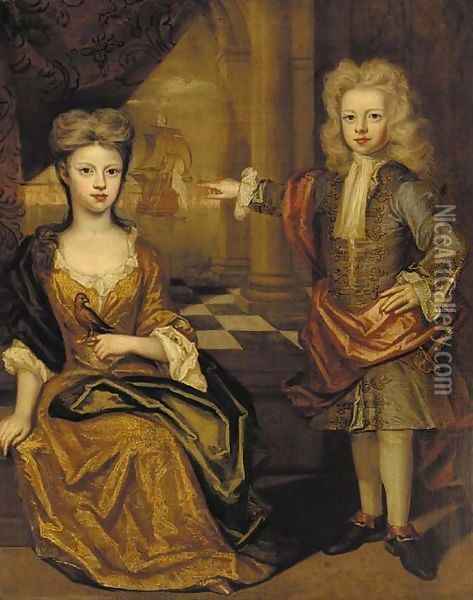 Double portrait of a young boy and girl, the boy, full-length, in a gold-embroidered blue jacket with red wrap Oil Painting - Joris van der Haagen or Hagen