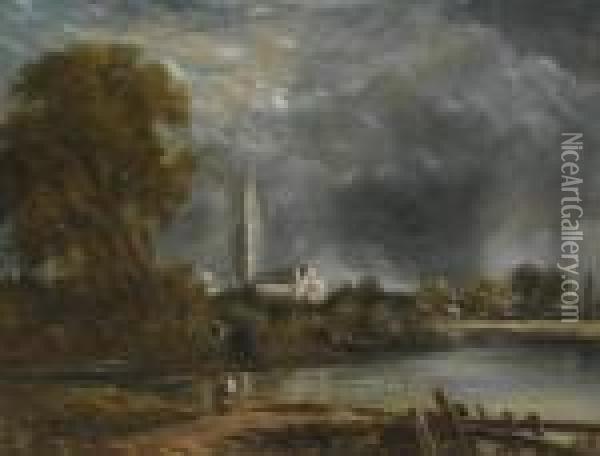Salisbury Cathedral From The Meadows Oil Painting - John Constable