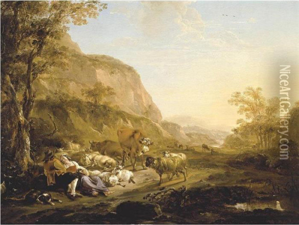 An Evening Landscape With A 
Couple Resting Below A Tree Surrounded By Cattle, Goats And Sheep Oil Painting - Nicolaes Berchem