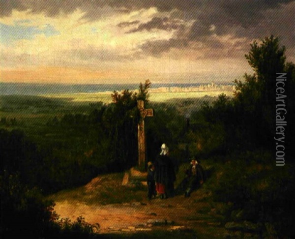 La Recontre Au Calvaire Au Dessus De La Plaine Oil Painting - Emile Charles Lambinet