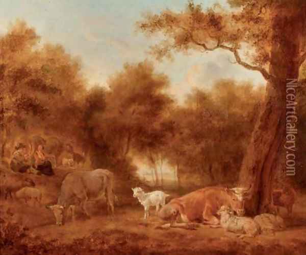 A wooded landscape with cattle and sheep resting, figures nearby Oil Painting - Adriaen Van De Velde