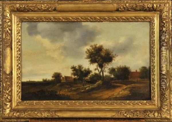 Two Peasants On A Country Track Near Cottages Oil Painting - Salomon van Ruysdael