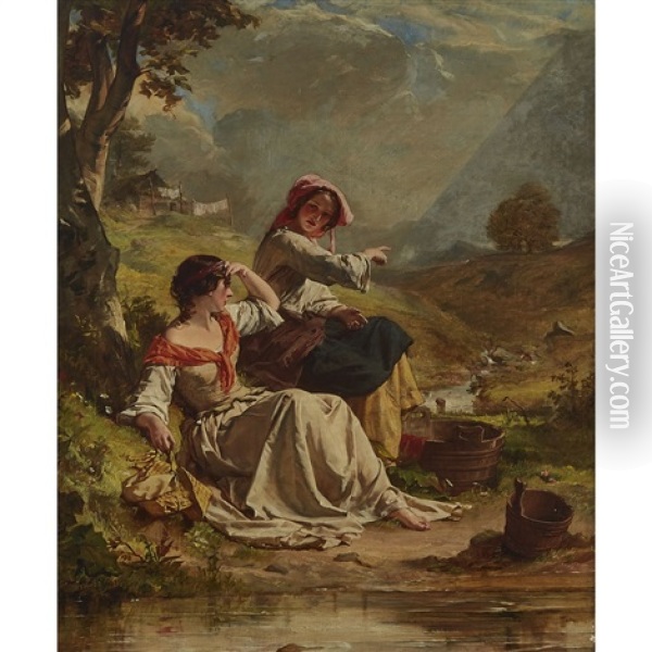 Peggy And Jennie, Gentle Shepherd Oil Painting - Alexander Johnston