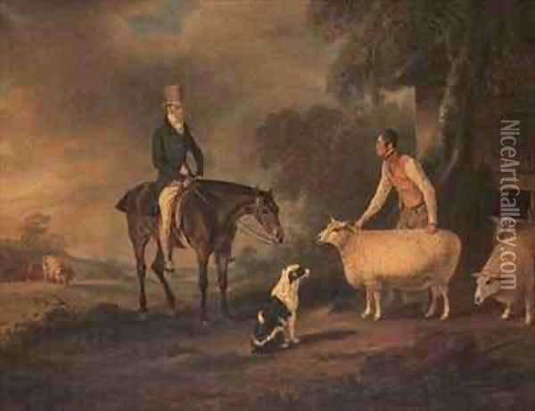 Sir John Palmer on his favourite mare with shepherd Joseph Green and prize Leicester Longwool sheep Oil Painting - John Snr Ferneley