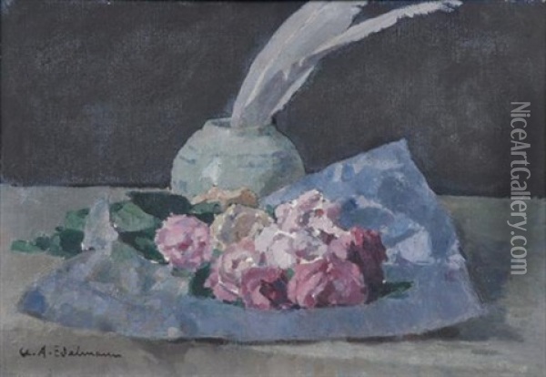 Still Life Of Roses And Feathers In Vase Oil Painting - Charles-Auguste Edelmann