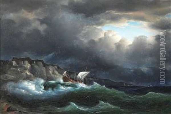 Seascape With Ships In The Rough Sea Off The Coast Oil Painting - Fritz Siegfried George Melbye