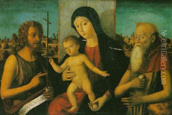 La Vierge Et L'enfant Entre Saint Jean-baptiste Et Saint Jerome Sur Fond De Paysage Oil Painting - Giovanni Bellini