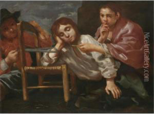 Two Children Playing A Practical Joke On A Sleeping Boy Oil Painting - Bernhard Keil