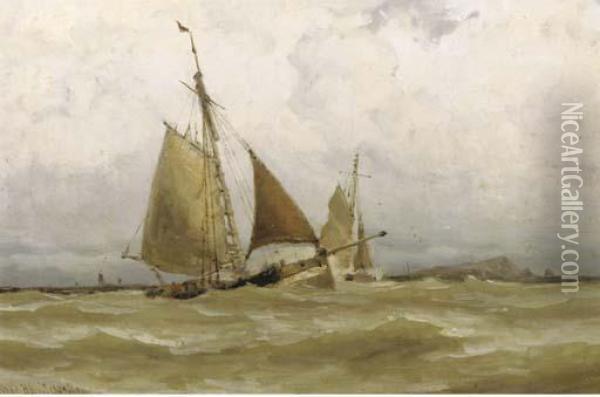 In Full Sail By A Coastline Oil Painting - Jacob Huijbrecht Hollestelle