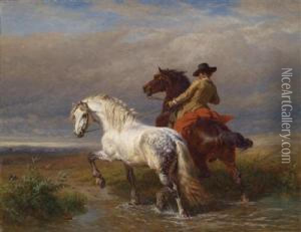 Horseman With Grey By The Ford Oil Painting - Charles Philogene Tschaggeny