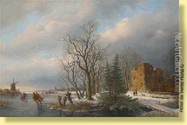 Patineurs En Bordure De Chateau Fort Oil Painting - Anthony Andreas De Meijier