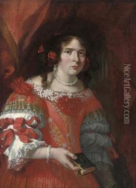 Portrait Of A Lady, Three-quarter-length, In A Red And Goldembroidered Dress With Red Bows And Lace Trimmings, Red Bows In Herhair, A Bible In Her Right Hand Oil Painting - Juan Bautista Martinez del Mazo