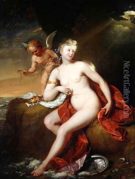 Newly Born Venus Cared for by Cupid Oil Painting - Godfried Schalcken