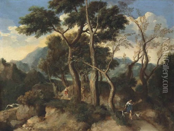 An Arcadian Wooded Landscape With Figures And Their Dogs On A Path, A Mountain Beyond Oil Painting - Gaspard Dughet