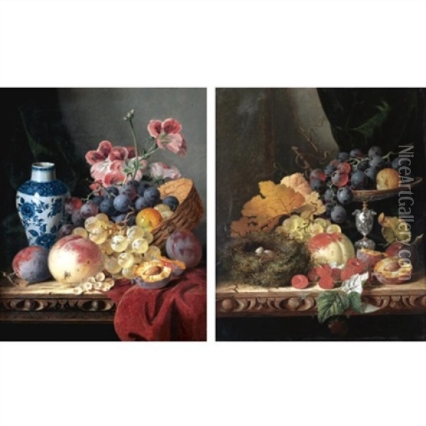 Still Life With A Blue And White Vase, Peaches And Grapes (+ Still Life With A Bird's Nest, Fruit And A Silver Tazza; 2 Works) Oil Painting - Edward Ladell