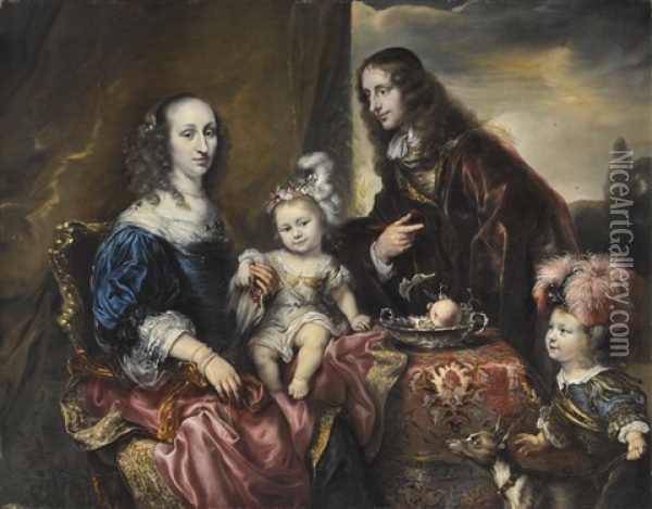 A Family Portrait, Traditionally Identified As Colonel John Hutchinson (1615-64) With His Wife And Children Oil Painting - Juergen Ovens