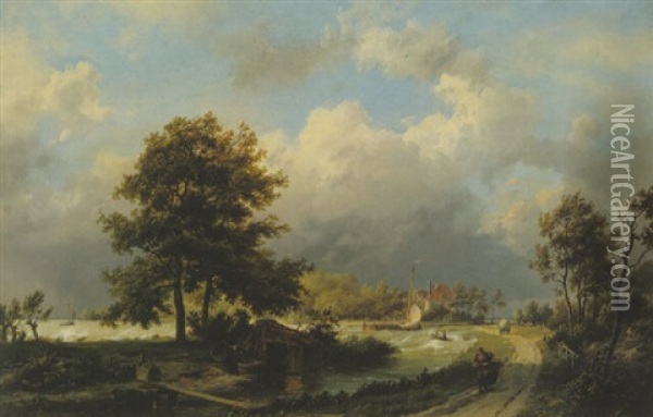 An Estuary Scene Oil Painting - Hermanus Koekkoek the Elder