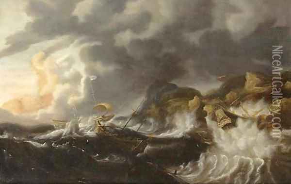 A gale threemasters foundering off a rocky coast Oil Painting - Simon De Vlieger