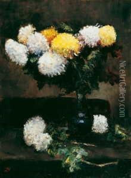 Weise Und Gelbe Chrysanthemen In Blauer Vase Oil Painting - Lesser Ury