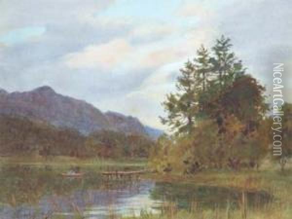 Lake Scene With Rowing Boat Oil Painting - Isaac Cooke