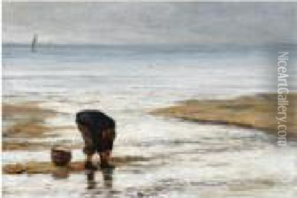 The Beach Comber; Bringing In The Nets At Dusk Oil Painting - Joseph Henderson