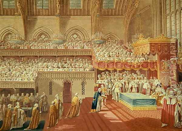 Procession of the Dean and Prebendaries of Westminster bearing the Regalia, from an album celebrating the Coronation of King George IV (1762-1830) 19th July 1821, engraved by Matthew Dubourg (fl.1786-1838) published 1824 Oil Painting - Charles Wild
