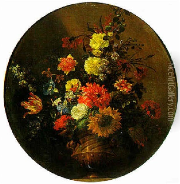 Tulipani E Altri Fiori In Un Vaso Su Un Piano Di Pietra Oil Painting - Jean-Baptiste Monnoyer