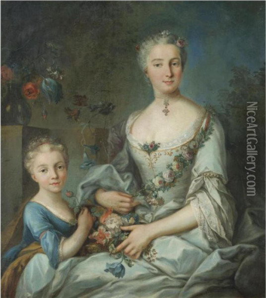 Portrait Of A Lady Seated With 
Her Daughter, Three-quarter Length, Wearing A White Silk Dress Holding 
Flowers Oil Painting - Louis Tocque