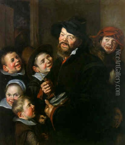 Children Listening To A Rommelpot Player Oil Painting - Frans Hals