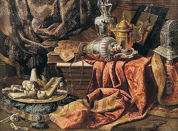 Still Life Of Gilt And Silver Ewers, A Mirror, A Chest, Sweetmeats On A Gilt Platter And Embroidered Cloths Oil Painting - Francesco (Il Maltese) Fieravino