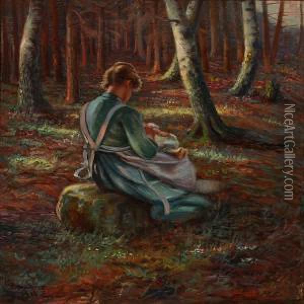 A Woman With Her Infant In The Forest, Spring Oil Painting - Carl Gustaf Rahmberg