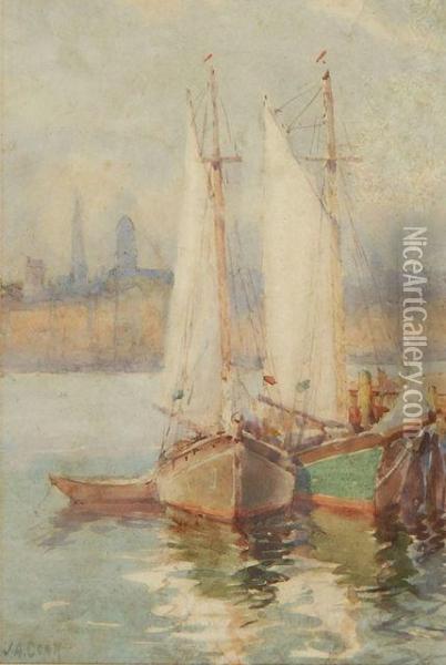 Sailboats At Dock. Oil Painting - John A. Cook