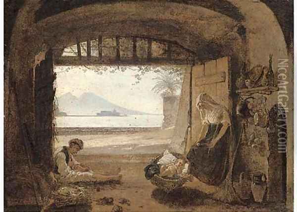 Neapolitan fisherfolk in a hut before the Bay of Naples Oil Painting - Franz Ludwig Catel