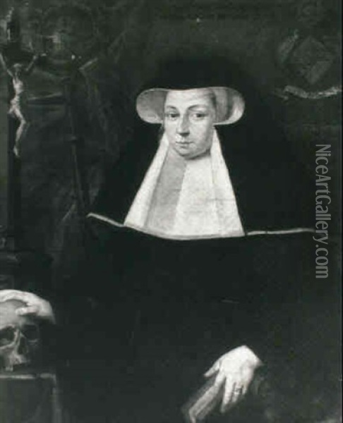 Portrait Of The Abbess, Electa Domina Adriana Heylinck,     Half Length, Holding A Bible, Her Hand Resting On A Skull Oil Painting - Philippe de Champaigne