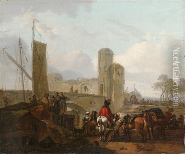 Travellers Feeding Their Horses While Stevedores Unload A Barge Beneath A Ruined Castle Beyond Oil Painting - Claude Michel Hamon Duplessis