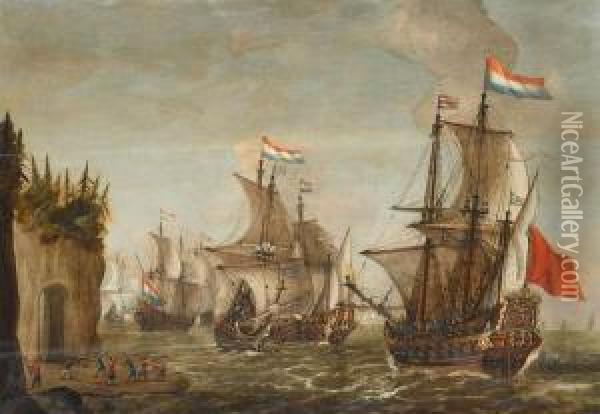 Dutch War Galleons Near A Rocky Coast Oil Painting - Isaac Willaerts