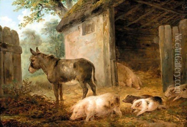 Pigs And A Donkey In A Farmyard Oil Painting - James Ward