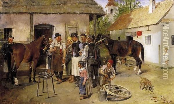 In The Yard Of The Blacksmith Oil Painting - Lajos Kubanyi