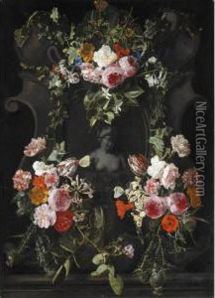 Female Stone Bust Set In A Stone
 Cartouche Surrounded By A Garland Of Flowers 
Including Roses Parrot Tulips Roses A Poppy And 
Thistles Oil Painting - Carstiaen Luyckx