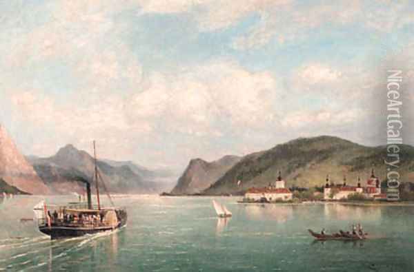 A view of Ort Castle on the Traun See, Austria Oil Painting - Cornelis Christiaan Dommelshuizen