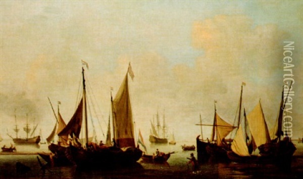 Shipping And Small Craft In A Calm In Coastal Waters Oil Painting - Jan Van De Cappelle