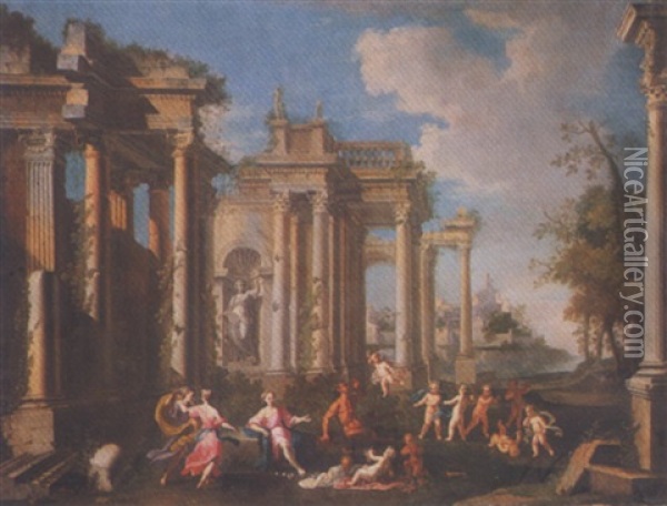 Capriccio Landscape With Bacchic Figures Dancing Before Classical Ruins Oil Painting - Alberto Carlieri