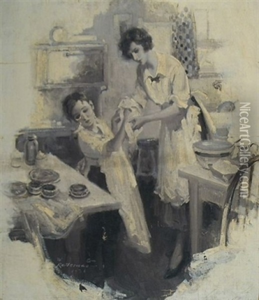 Boy Drying His Hands With Mother's Help While Helping In The Kitchen (illus. For Pictorial Review?) Oil Painting - Walter G. Ratterman