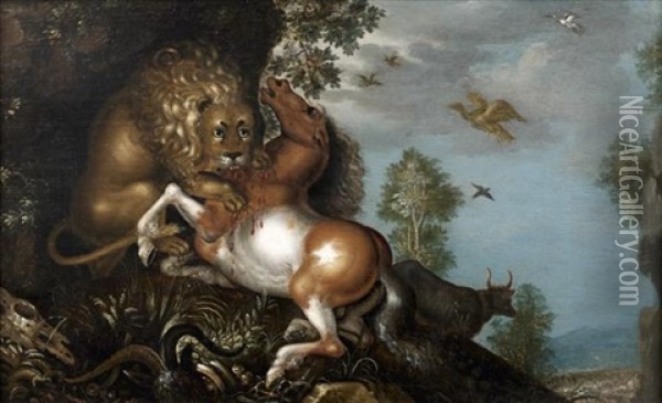 Lion Attaquant Un Cheval Oil Painting - Roelandt Savery