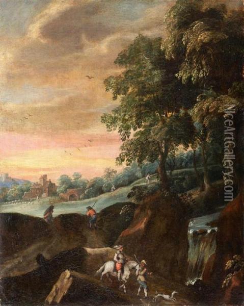 Landschaft Mit Wasserfall Und Staffagefiguren Oil Painting - Jan Wildens