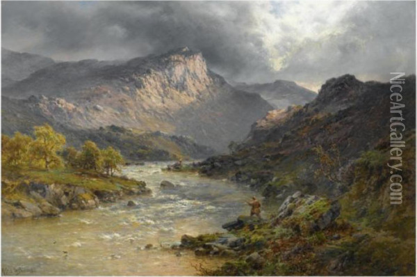 A Salmon Trout Stream, Cader Idris, North Wales Oil Painting - Alfred de Breanski